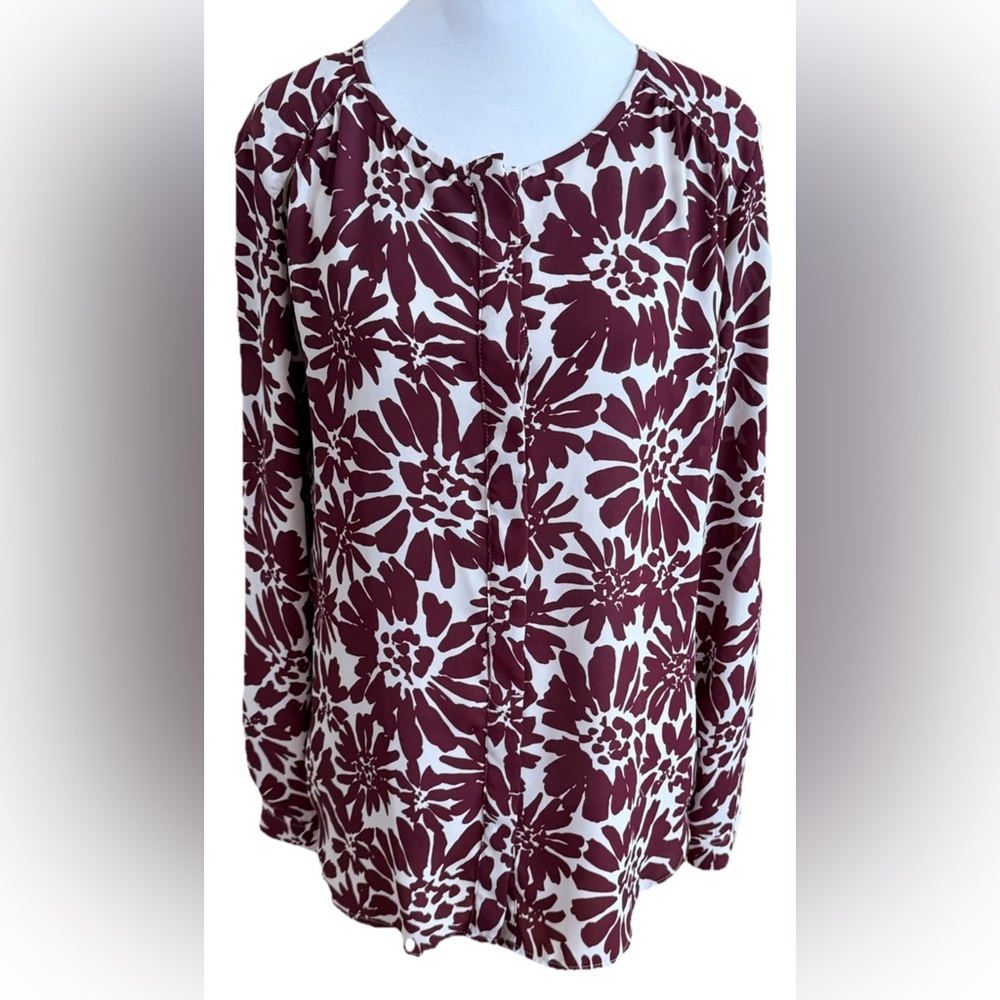 LOFT Maroon + Beige Large Print Floral Chiffon Long Sleeve Blouse Small